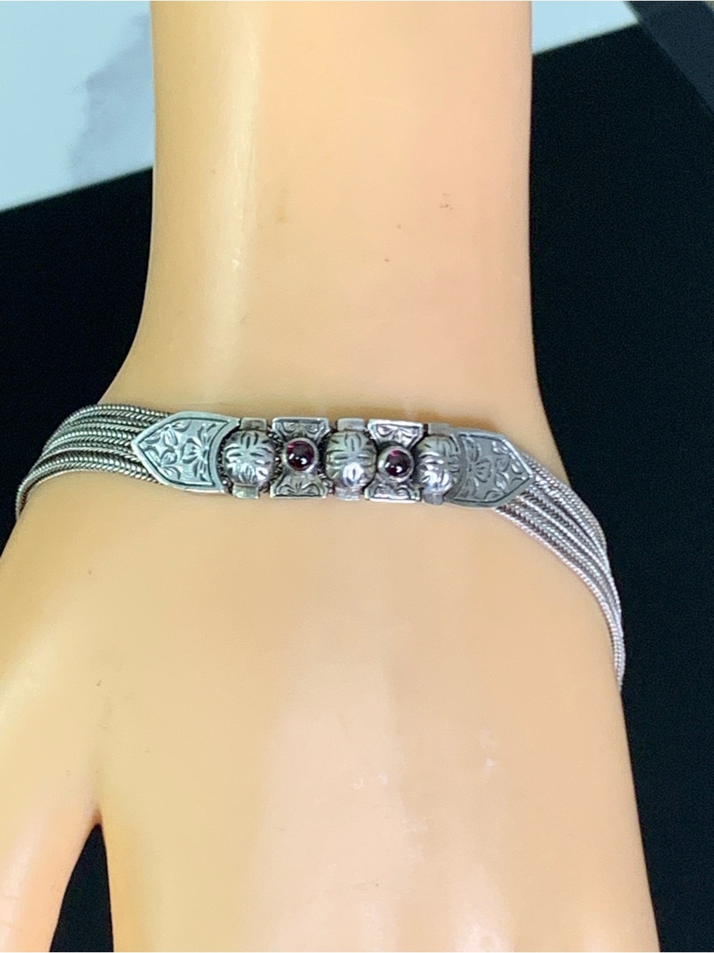 Vintage Art Deco Solid Sterling Silver Byzantine Design Gemstone Garnet Bracele